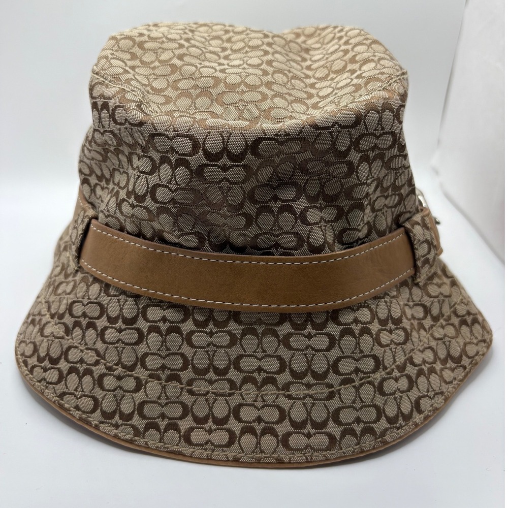 Coach Signature‎ Monogram Bucket Hat Tan Leather Trim Buckle Size P/S Brown